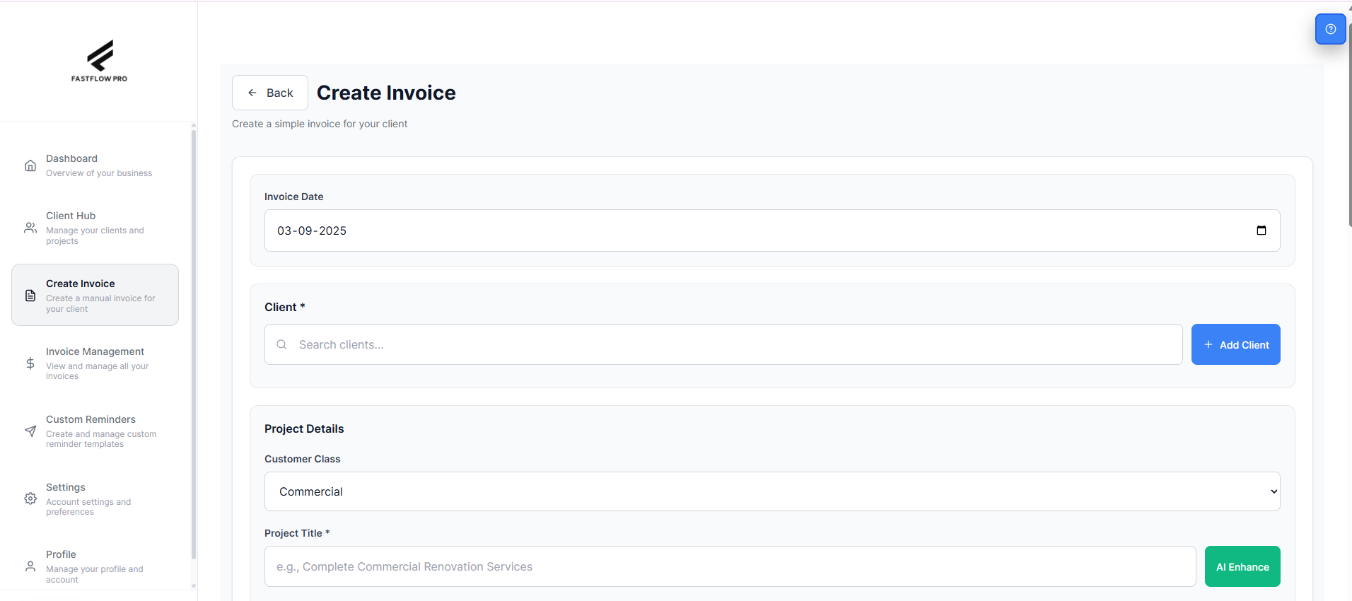 Invoice Creation Screenshot